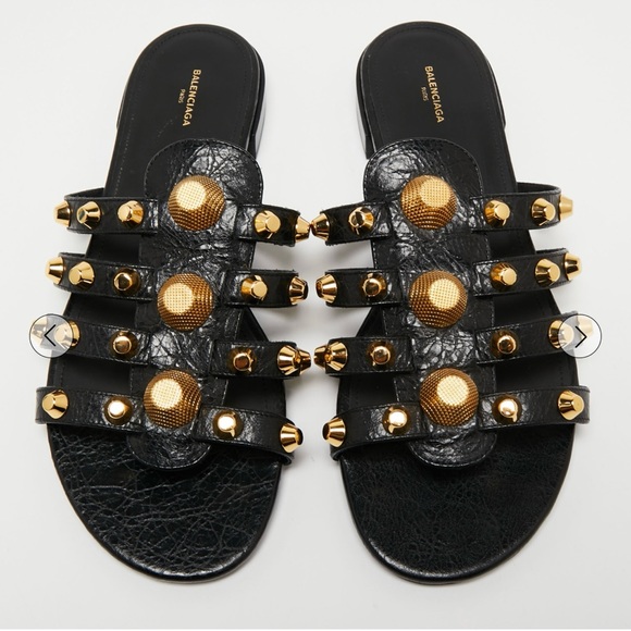 BALENCIAGA BLACK LEATHER ARENA GOLDTONE GIANT STUD SANDALS - SIZE 40 - Picture 1 of 16
